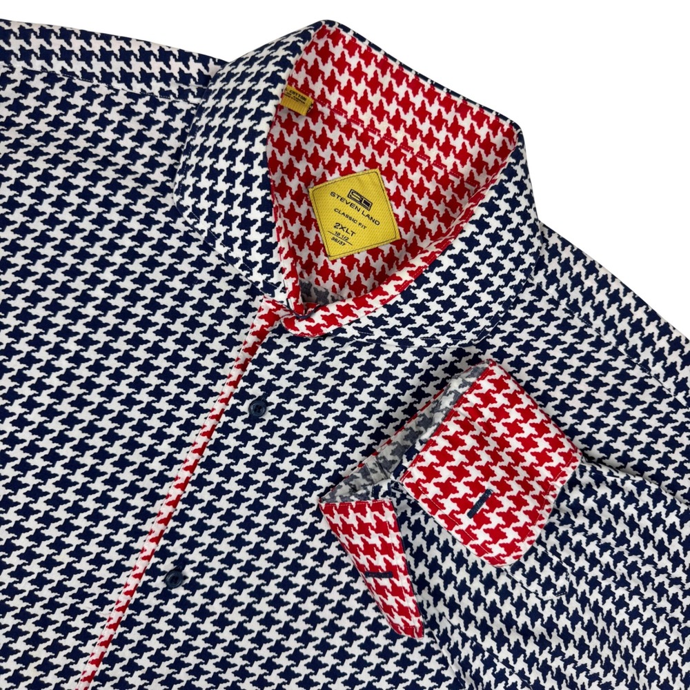 Steven Land‎ Classic Fit Houndstooth Dress Shirt Mens 2XLT Blue White Button Up